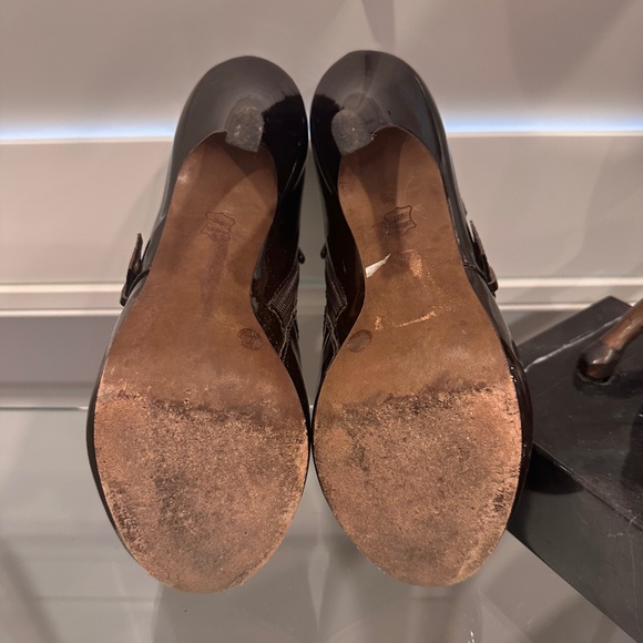 BCBG MAX AZRIA Peep Toe Heels Bootie in Deep Mahogany with Gold Buckle Detail - Picture 4 of 5